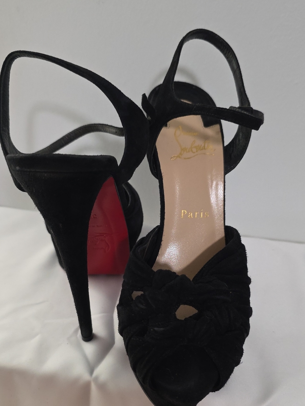 Christian Louboutin Black Suede Knotted Peep-Toe Heels with Red Sole